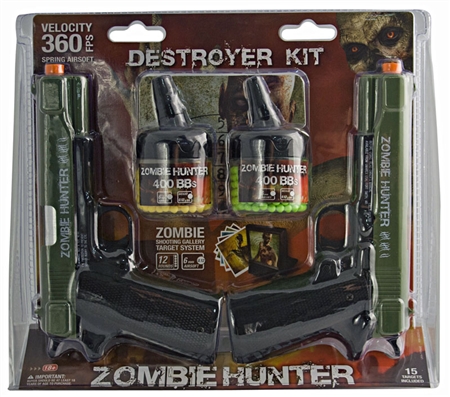 360 FPS Zombie Hunter Destroyer Airsoft Kit w/ 2-OD Pistols, 800 BBs, 15 Zombie Targets & BB Trap
