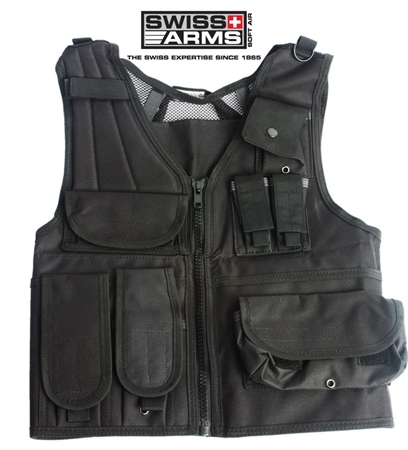 Swiss Arms Tactical Airsoft Vest Adjustable Strap Sizeing w/ Pouches ( Black )
