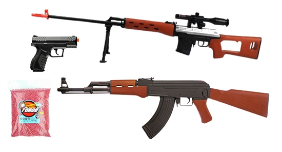 AirRattle Backyard Package - Kalashnikov AK-47 AEG, Combat Zone Compact CO2 Pistol & UKARMS SVD Sniper Rifle