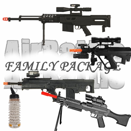 AirRattle Family Spring Package W/ G032 Rifle, P1389 Bullpup Gun, P1150 Airsoft Sniper Rifle & Mini Styer AUG