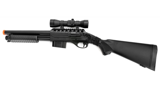 DE M47A2 Pump Airsoft Shotgun With Laser, Flashlight, And Red Dot Scope