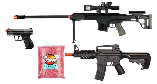 AirRattle Backyard Combo Package - Wells M4 Stubby CQB AEG, Combat Zone Compact Carry CO2 Pistol & UKARMS P1082 Airsoft Spring Action Sniper Rifle