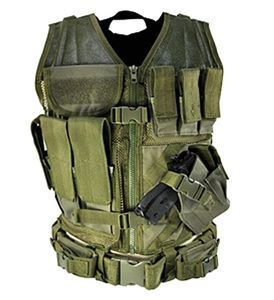 CTV2916G NcStar Tactical Cross Draw Vest w/ Pistol Holster & Pouches  ( OD Green )