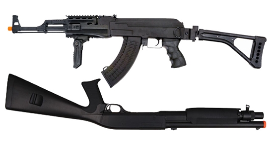 DUALGUN3-PKG, Gun Package - CM028U AK47 Metal AEG RIS Airsoft Rifle / UTG M3L Multi-Shot Combat Tactical Airsoft Shotgun, Dual Gun,