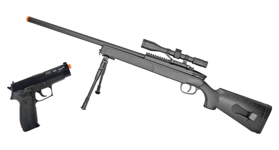 DUALGUN5-PKG, Gun Package - ZM51 Airsoft Bolt Action Sniper Rifle / Full Metal Slide Sig Sauer P226 Spring Pistol, Dual Gun,