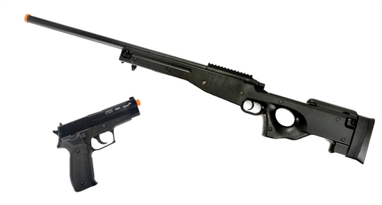DUALGUN6-PKG, Gun Package - AGM Metal Bolt Action L96 Airsoft Sniper Rifle / Full Metal Slide Sig Sauer P226 Spring Pistol, Dual Gun,