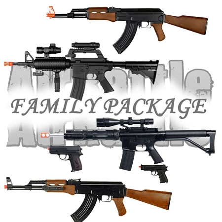 AirRattle Family Spring Package - Wells M16A4 Rifle, P1136 Rifle w/ Pistol, AK-47 Rifle & P1198  AK-47 Rifle w/ Pistol