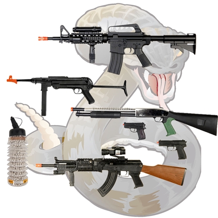 AirRattle Family Spring Package - M3 Pump Shotgun w/ Pistol, WellFire M16A4 Rifle, Cyma Tactical AK47 w/ Pistol & WWII MP40